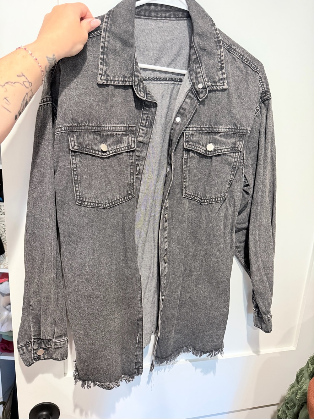 Charcoal Washed Denim Shacket with Frayed Hem